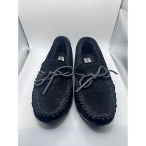 Minnetonka Women's Black Hard Sole Moccasin Slippers Black‎ Fur Lined Size 9